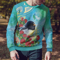 New Zealand Tomtit Ugly Christmas Sweater Maori Koru With Pohutukawa Galaxy Style - Polynesian Pride
