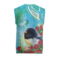 New Zealand Tomtit Christmas Knitted V-Neck Vest Maori Koru With Pohutukawa Galaxy Style - Polynesian Pride