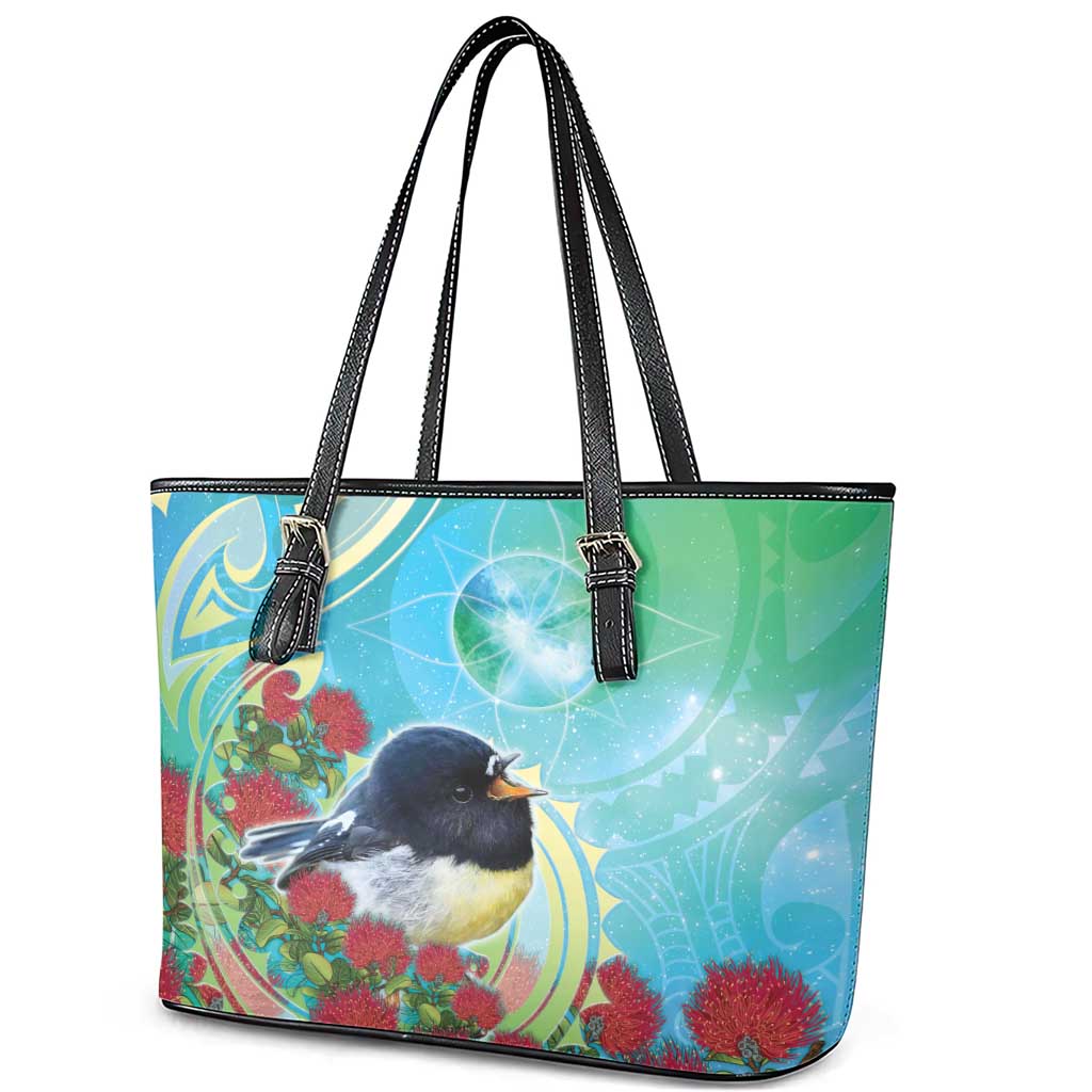 New Zealand Tomtit Leather Tote Bag Maori Koru With Pohutukawa Galaxy Style - Polynesian Pride