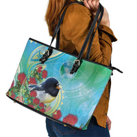 New Zealand Tomtit Leather Tote Bag Maori Koru With Pohutukawa Galaxy Style - Polynesian Pride