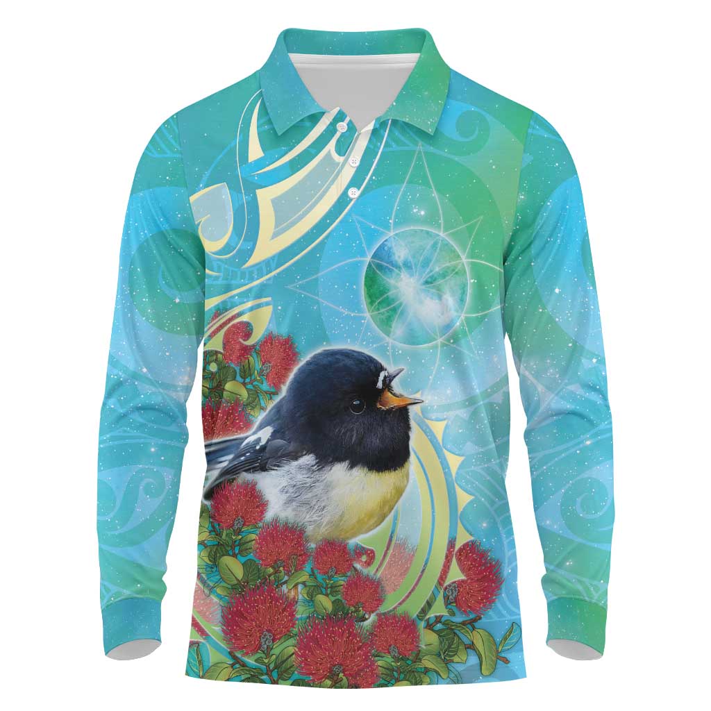 New Zealand Tomtit Long Sleeve Polo Shirt Maori Koru With Pohutukawa Galaxy Style - Polynesian Pride