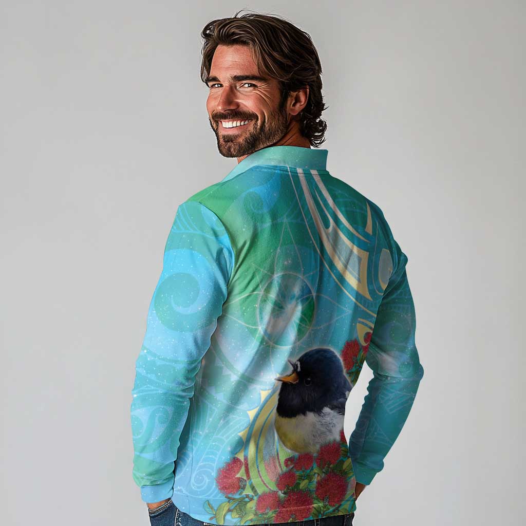 New Zealand Tomtit Long Sleeve Polo Shirt Maori Koru With Pohutukawa Galaxy Style - Polynesian Pride