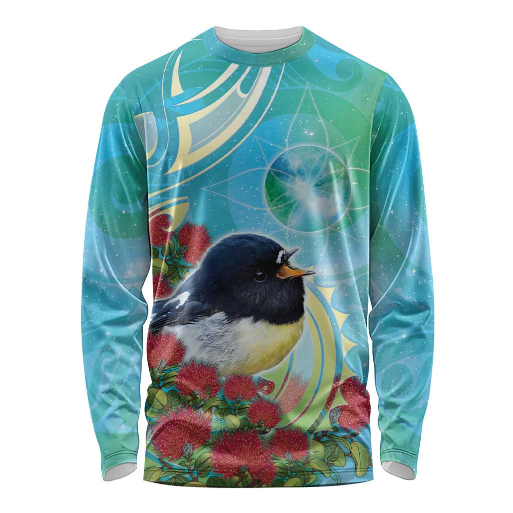 New Zealand Tomtit Long Sleeve Shirt Maori Koru With Pohutukawa Galaxy Style - Polynesian Pride