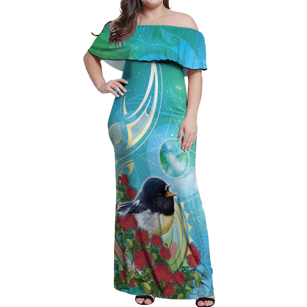 New Zealand Tomtit Off Shoulder Maxi Dress Maori Koru With Pohutukawa Galaxy Style - Polynesian Pride