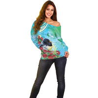 New Zealand Tomtit Off Shoulder Sweater Maori Koru With Pohutukawa Galaxy Style - Polynesian Pride
