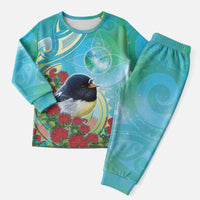 New Zealand Tomtit Christmas Pajama Set Maori Koru With Pohutukawa Galaxy Style - Polynesian Pride