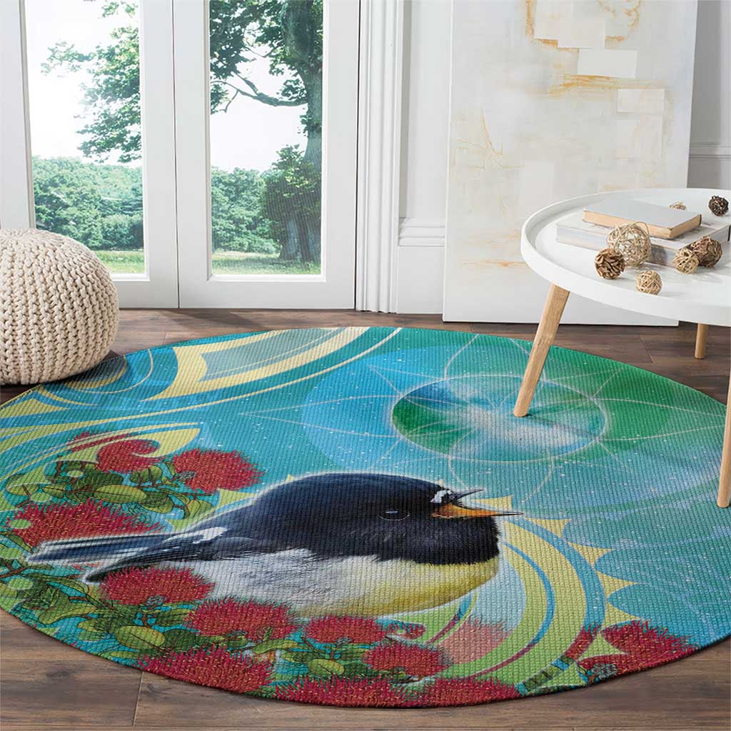 New Zealand Tomtit Round Carpet Maori Koru With Pohutukawa Galaxy Style - Polynesian Pride