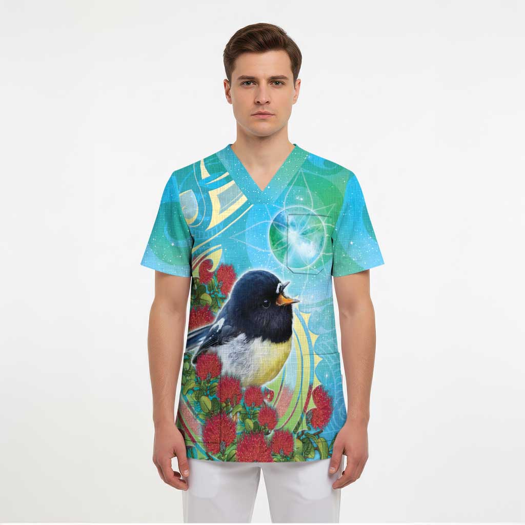 New Zealand Tomtit Scrub Top Maori Koru With Pohutukawa Galaxy Style - Polynesian Pride