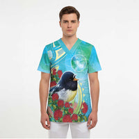 New Zealand Tomtit Scrub Top Maori Koru With Pohutukawa Galaxy Style - Polynesian Pride