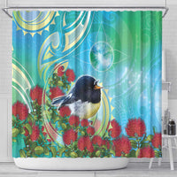New Zealand Tomtit Shower Curtain Maori Koru With Pohutukawa Galaxy Style - Polynesian Pride