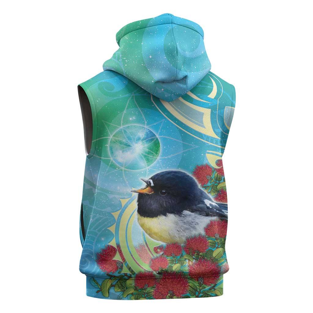 New Zealand Tomtit Sleeveless Hoodie Maori Koru With Pohutukawa Galaxy Style - Polynesian Pride