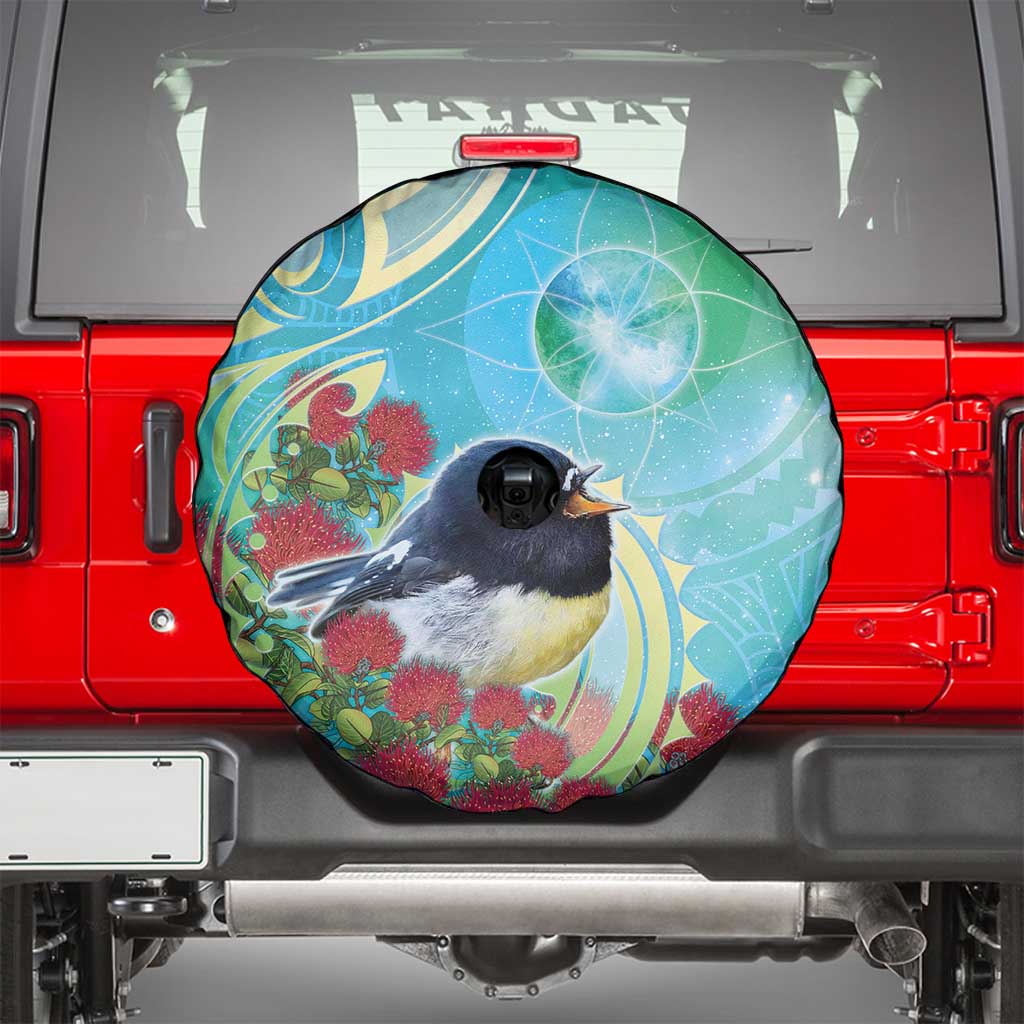 New Zealand Tomtit Spare Tire Cover Maori Koru With Pohutukawa Galaxy Style - Polynesian Pride
