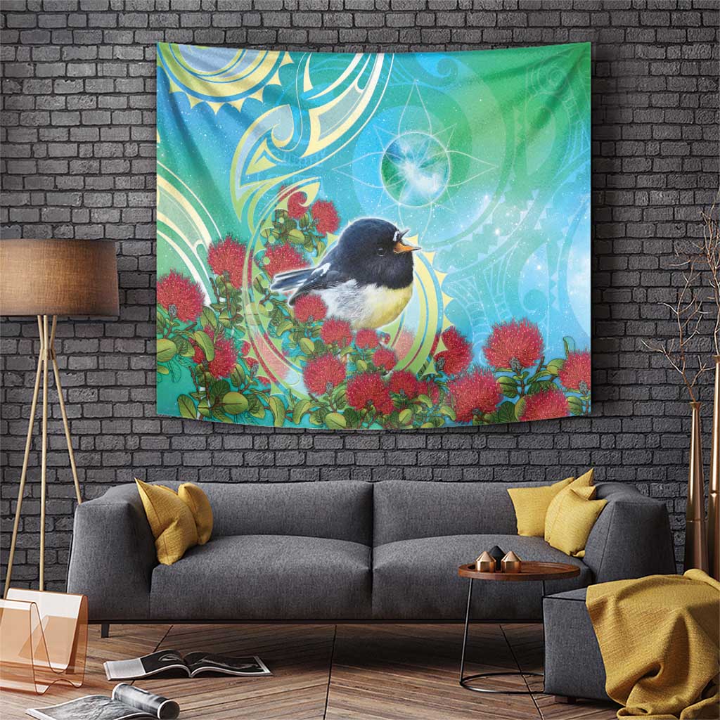 New Zealand Tomtit Tapestry Maori Koru With Pohutukawa Galaxy Style - Polynesian Pride