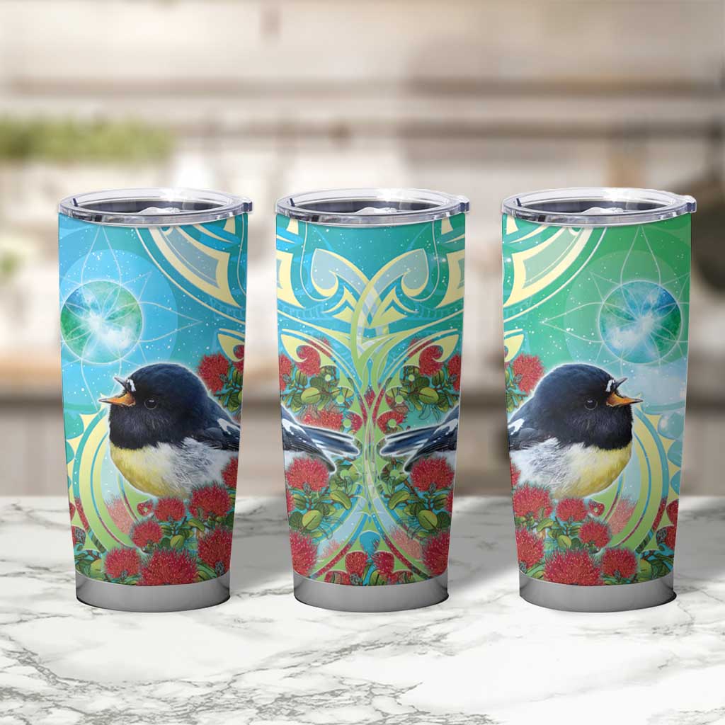 New Zealand Tomtit Tumbler Cup Maori Koru With Pohutukawa Galaxy Style - Polynesian Pride