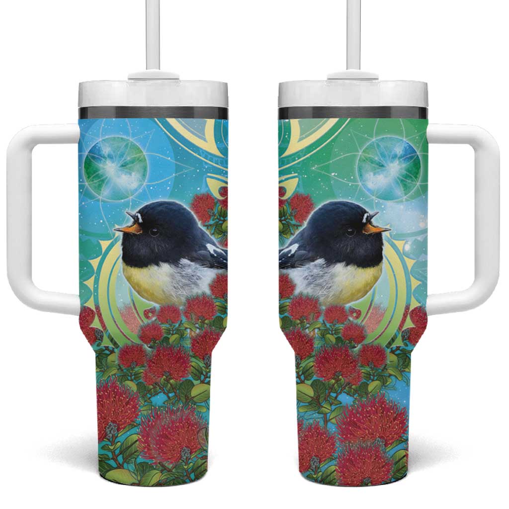 New Zealand Tomtit Tumbler With Handle Maori Koru With Pohutukawa Galaxy Style - Polynesian Pride