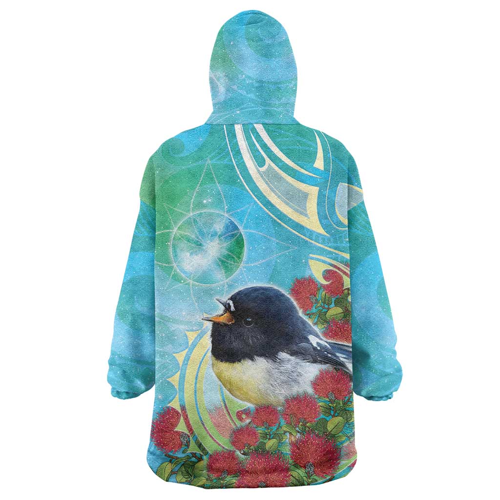 New Zealand Tomtit Wearable Blanket Hoodie Maori Koru With Pohutukawa Galaxy Style - Polynesian Pride