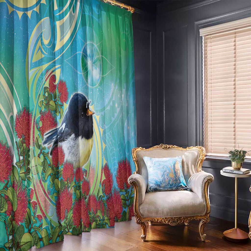 New Zealand Tomtit Window Curtain Maori Koru With Pohutukawa Galaxy Style - Polynesian Pride