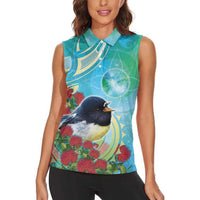 New Zealand Tomtit Women Sleeveless Polo Shirt Maori Koru With Pohutukawa Galaxy Style - Polynesian Pride