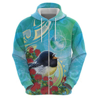 New Zealand Tomtit Zip Hoodie Maori Koru With Pohutukawa Galaxy Style - Polynesian Pride