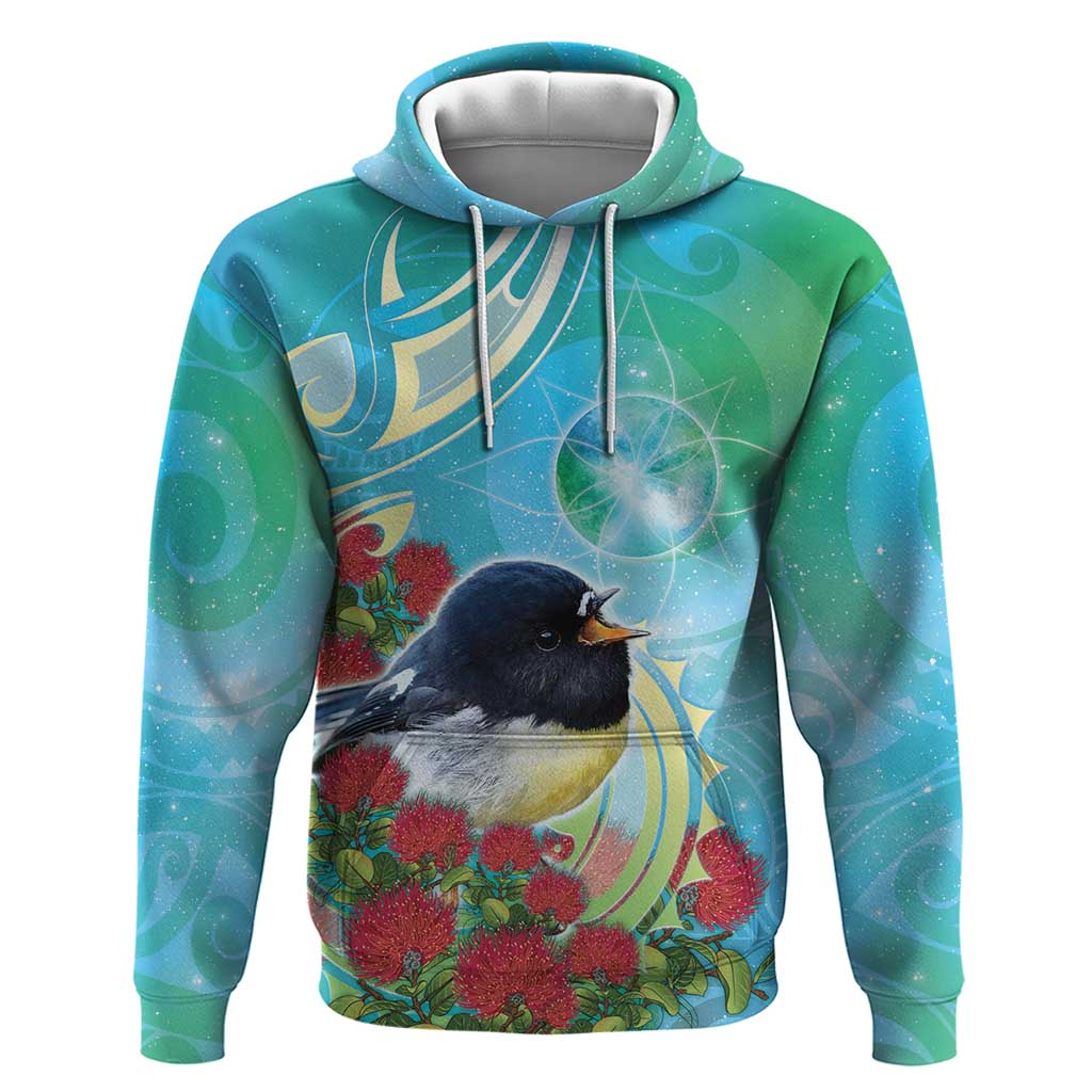 New Zealand Tomtit Zip Hoodie Maori Koru With Pohutukawa Galaxy Style - Polynesian Pride