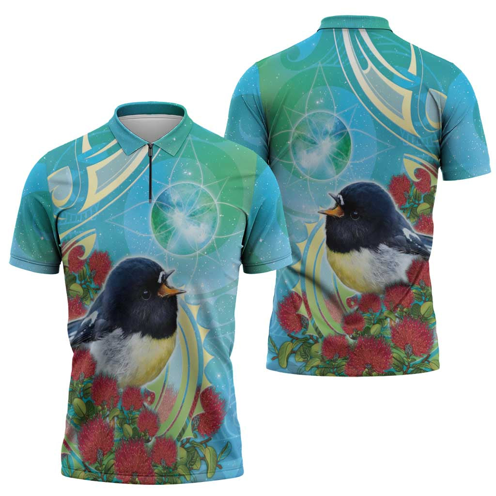 New Zealand Tomtit Zipper Polo Shirt Maori Koru With Pohutukawa Galaxy Style - Polynesian Pride