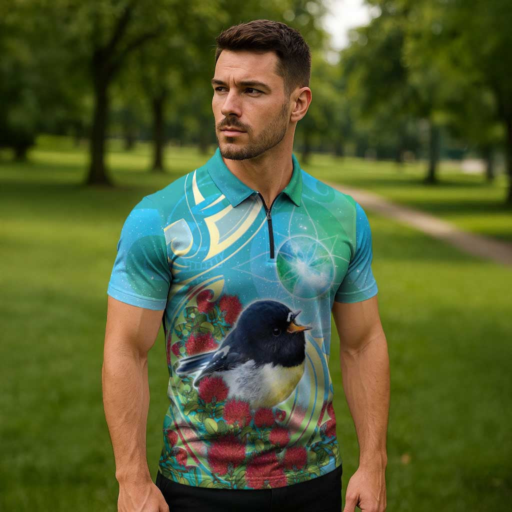 New Zealand Tomtit Zipper Polo Shirt Maori Koru With Pohutukawa Galaxy Style - Polynesian Pride