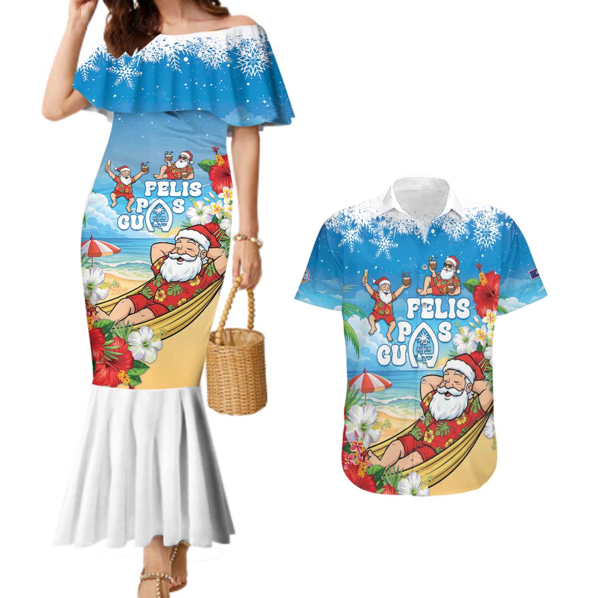Guam Christmas Couples Matching Mermaid Dress and Hawaiian Shirt Felis Pasgua Chilling Santa - Polynesian Pride