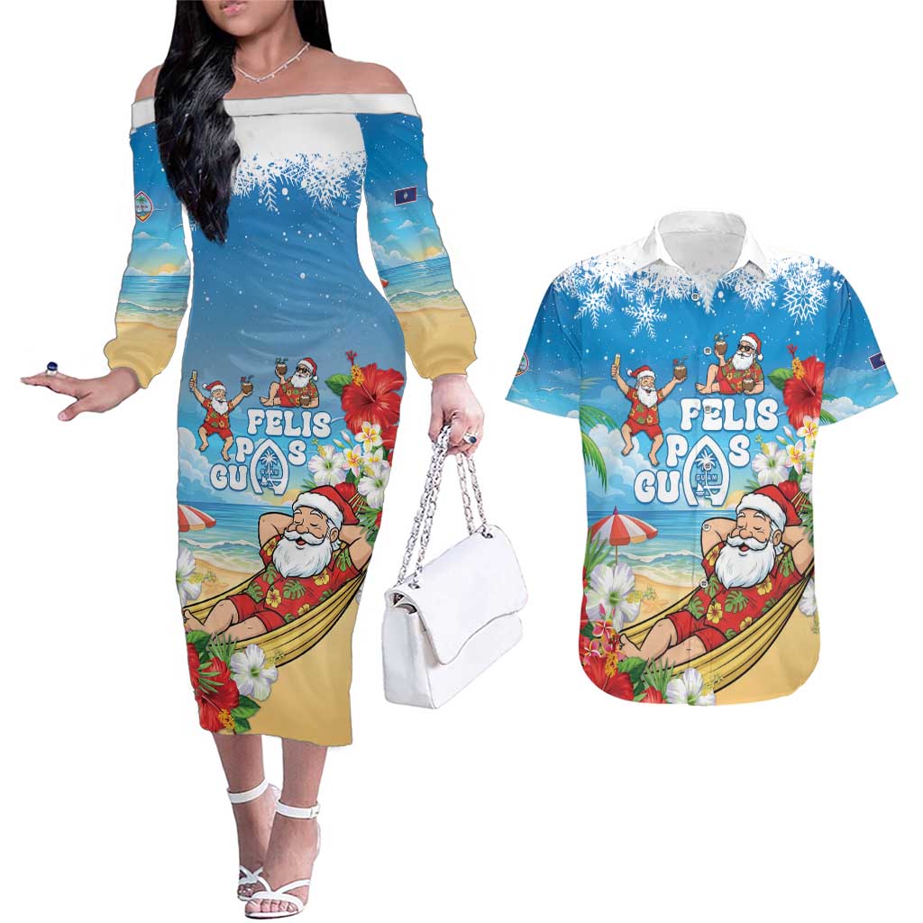Guam Christmas Couples Matching Off The Shoulder Long Sleeve Dress and Hawaiian Shirt Felis Pasgua Chilling Santa - Polynesian Pride