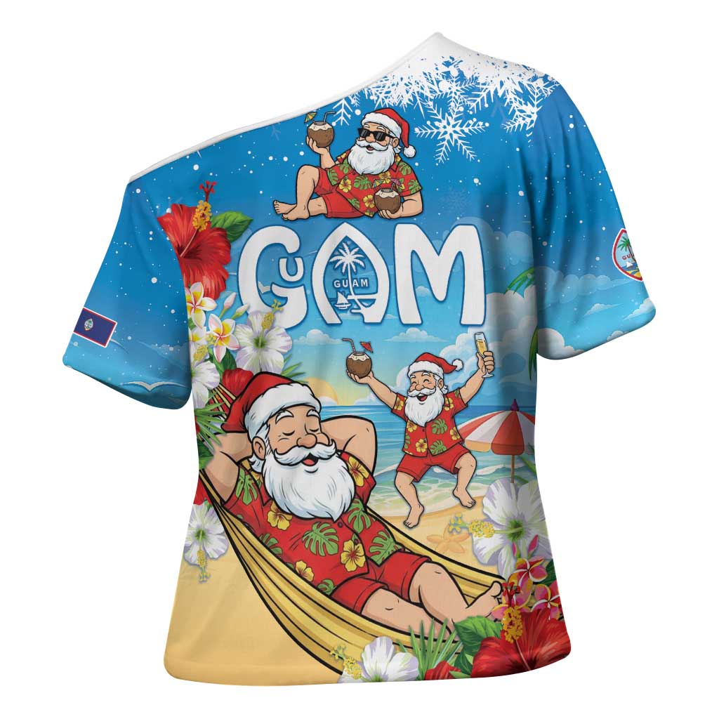 Guam Christmas Cross Shoulder Shirt Felis Pasgua Chilling Santa - Polynesian Pride