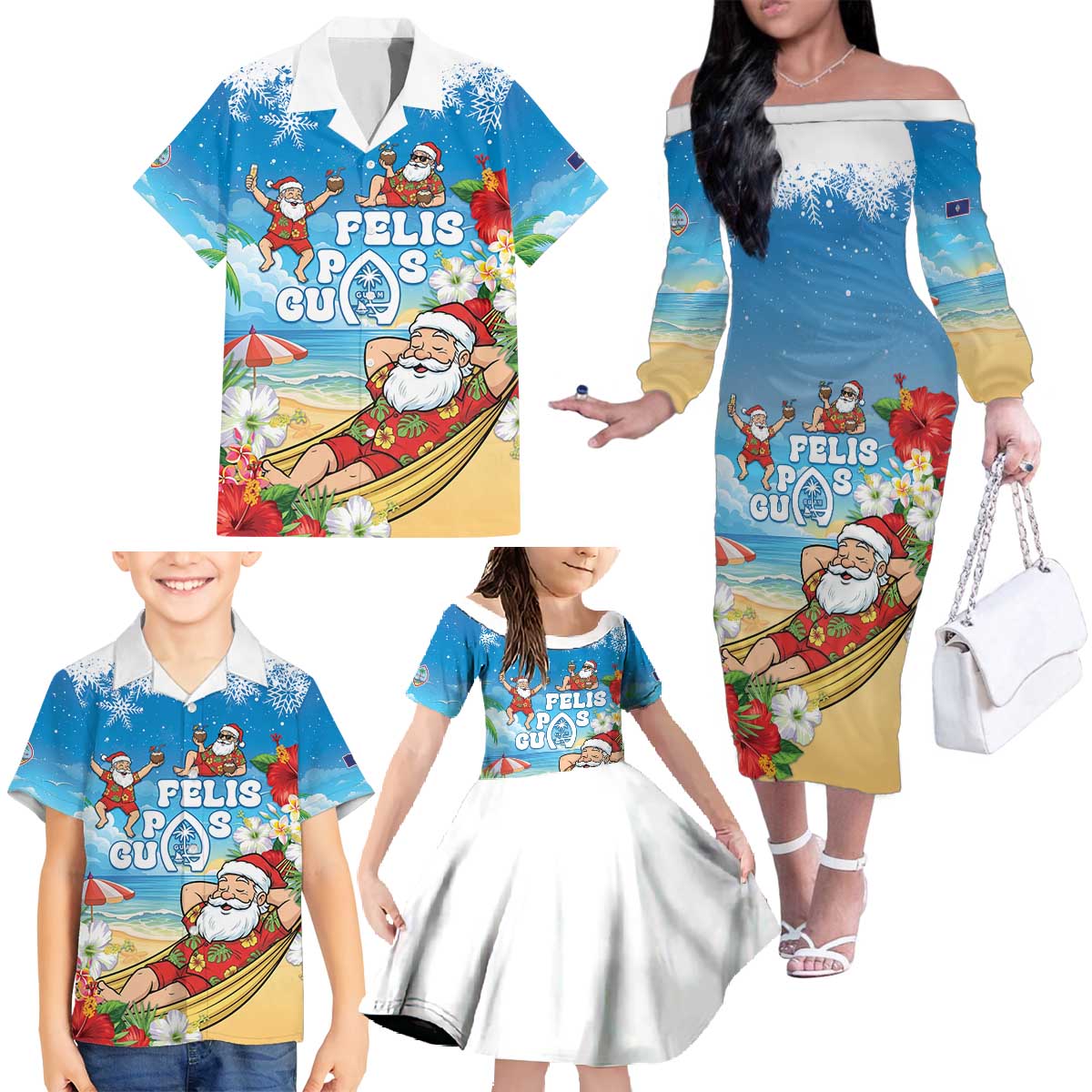Guam Christmas Family Matching Off The Shoulder Long Sleeve Dress and Hawaiian Shirt Felis Pasgua Chilling Santa - Polynesian Pride