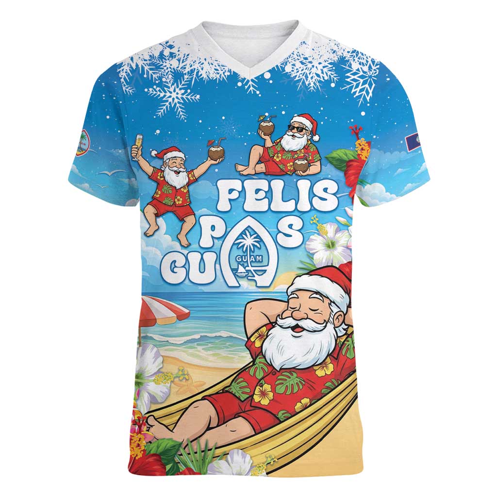 Guam Christmas Women V-Neck T-Shirt Felis Pasgua Chilling Santa - Polynesian Pride