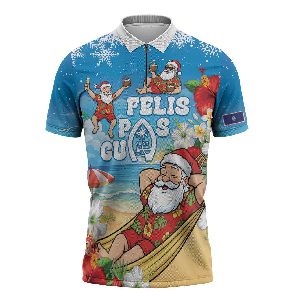 Guam Christmas Zipper Polo Shirt Felis Pasgua Chilling Santa - Polynesian Pride