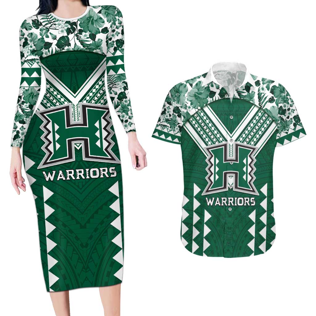 Custom Hawaii Football Couples Matching Long Sleeve Bodycon Dress and Hawaiian Shirt Rainbow Warriors Tropical Vibes - Polynesian Pride