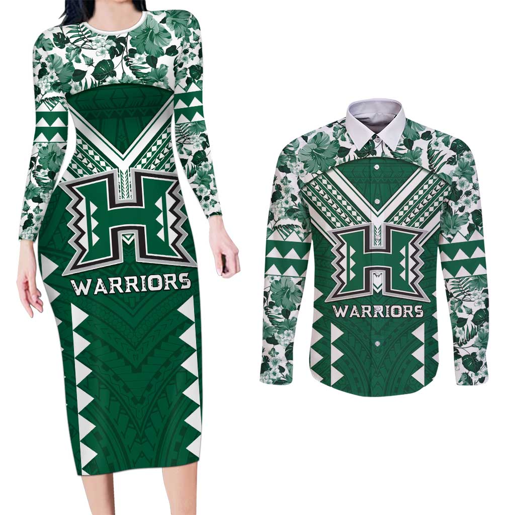 Custom Hawaii Football Couples Matching Long Sleeve Bodycon Dress and Long Sleeve Button Shirt Rainbow Warriors Tropical Vibes - Polynesian Pride