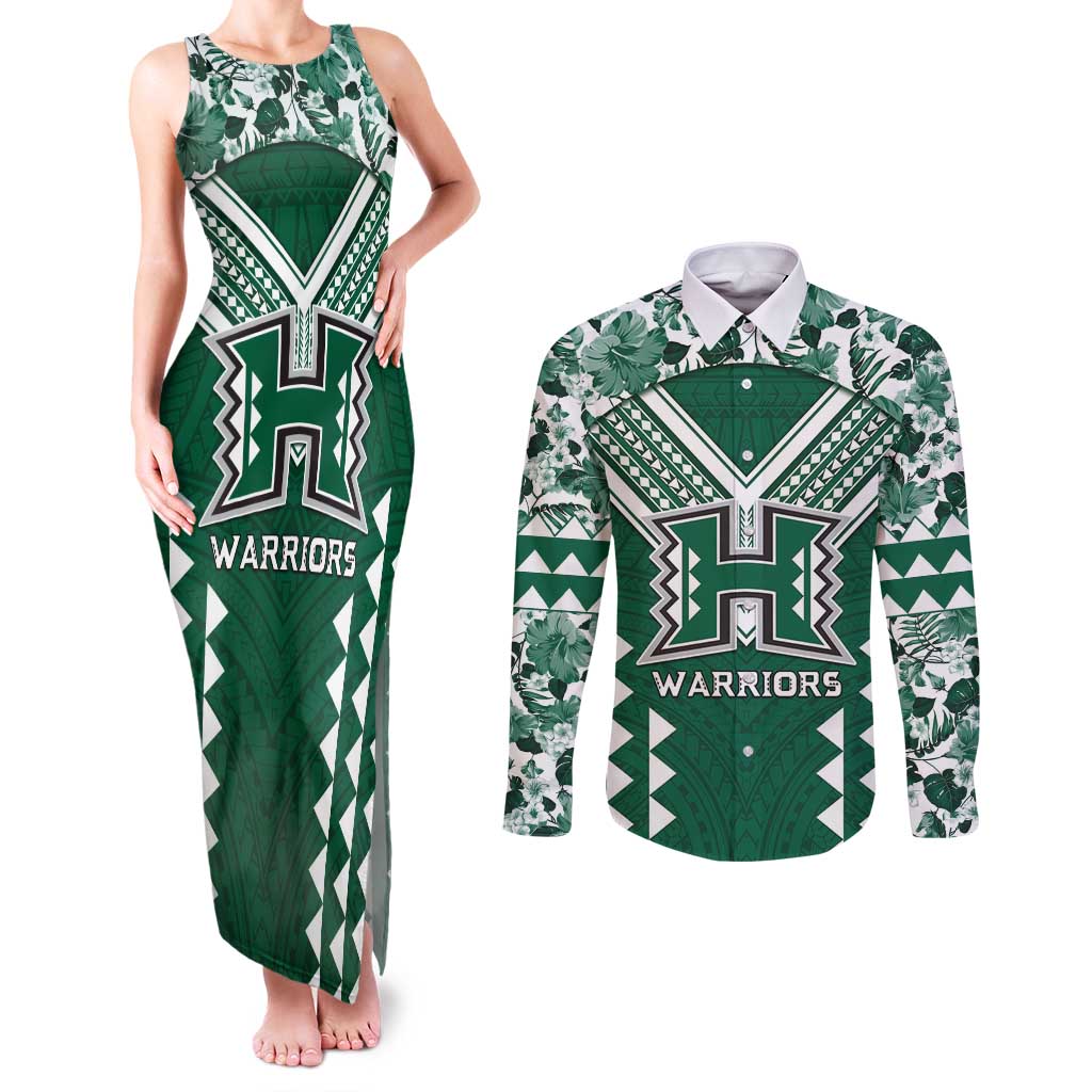 Custom Hawaii Football Couples Matching Tank Maxi Dress and Long Sleeve Button Shirt Rainbow Warriors Tropical Vibes - Polynesian Pride