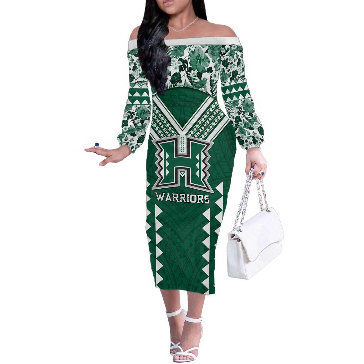 Custom Hawaii Football Family Matching Off The Shoulder Long Sleeve Dress and Hawaiian Shirt Rainbow Warriors Tropical Vibes - Polynesian Pride