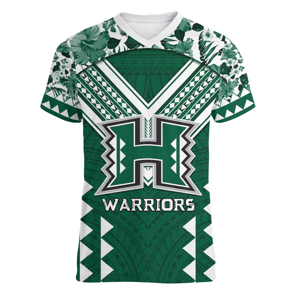 Custom Hawaii Football Women V-Neck T-Shirt Rainbow Warriors Tropical Vibes - Polynesian Pride