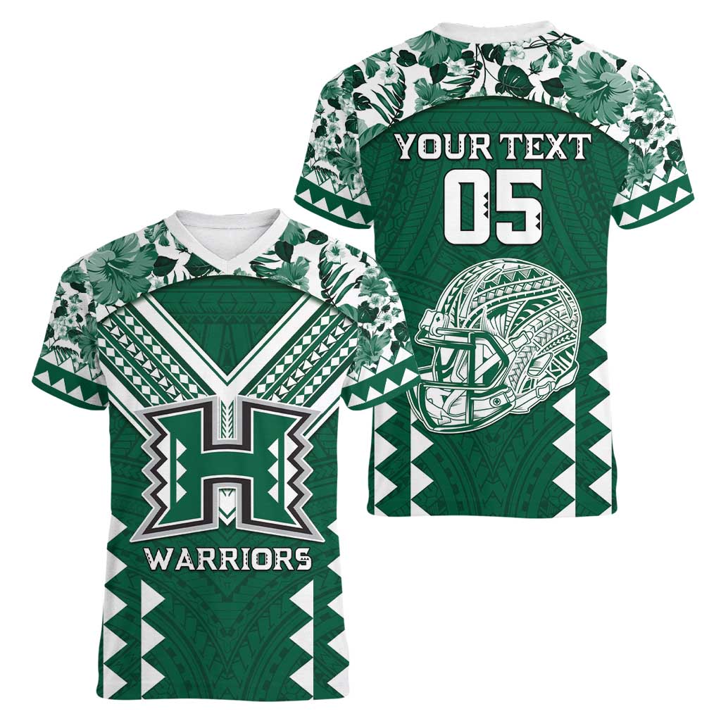 Custom Hawaii Football Women V-Neck T-Shirt Rainbow Warriors Tropical Vibes - Polynesian Pride