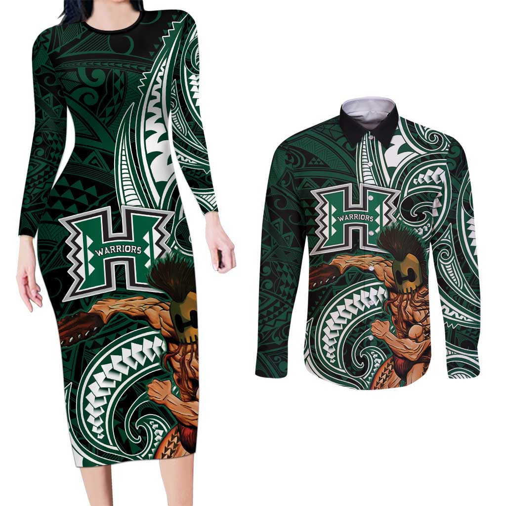 Hawaii Ikaika Warrior Football Couples Matching Long Sleeve Bodycon Dress and Long Sleeve Button Shirt Polynesian Tribal Tattoo - Polynesian Pride
