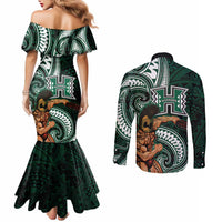 Hawaii Ikaika Warrior Football Couples Matching Mermaid Dress and Long Sleeve Button Shirt Polynesian Tribal Tattoo - Polynesian Pride