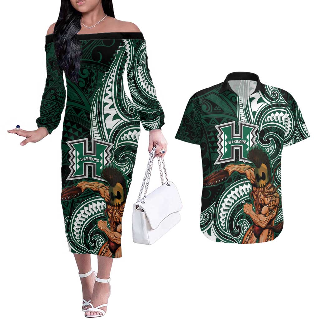Hawaii Ikaika Warrior Football Couples Matching Off The Shoulder Long Sleeve Dress and Hawaiian Shirt Polynesian Tribal Tattoo - Polynesian Pride