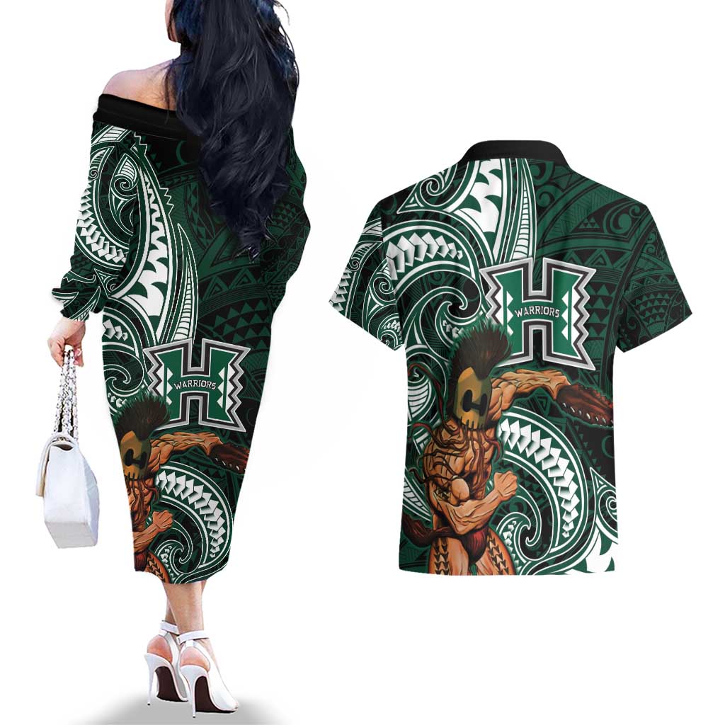 Hawaii Ikaika Warrior Football Couples Matching Off The Shoulder Long Sleeve Dress and Hawaiian Shirt Polynesian Tribal Tattoo - Polynesian Pride