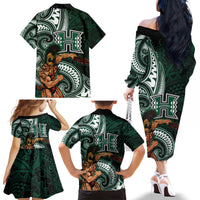 Hawaii Ikaika Warrior Football Family Matching Off The Shoulder Long Sleeve Dress and Hawaiian Shirt Polynesian Tribal Tattoo - Polynesian Pride