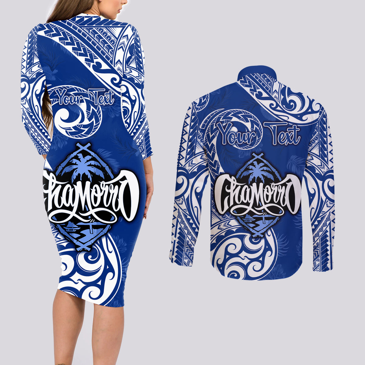 Personalised Hafa Adai Guam History and Chamorro Heritage Day Couples Matching Long Sleeve Bodycon Dress and Long Sleeve Button Shirt Blue Latte Stone LT05 - Polynesian Pride