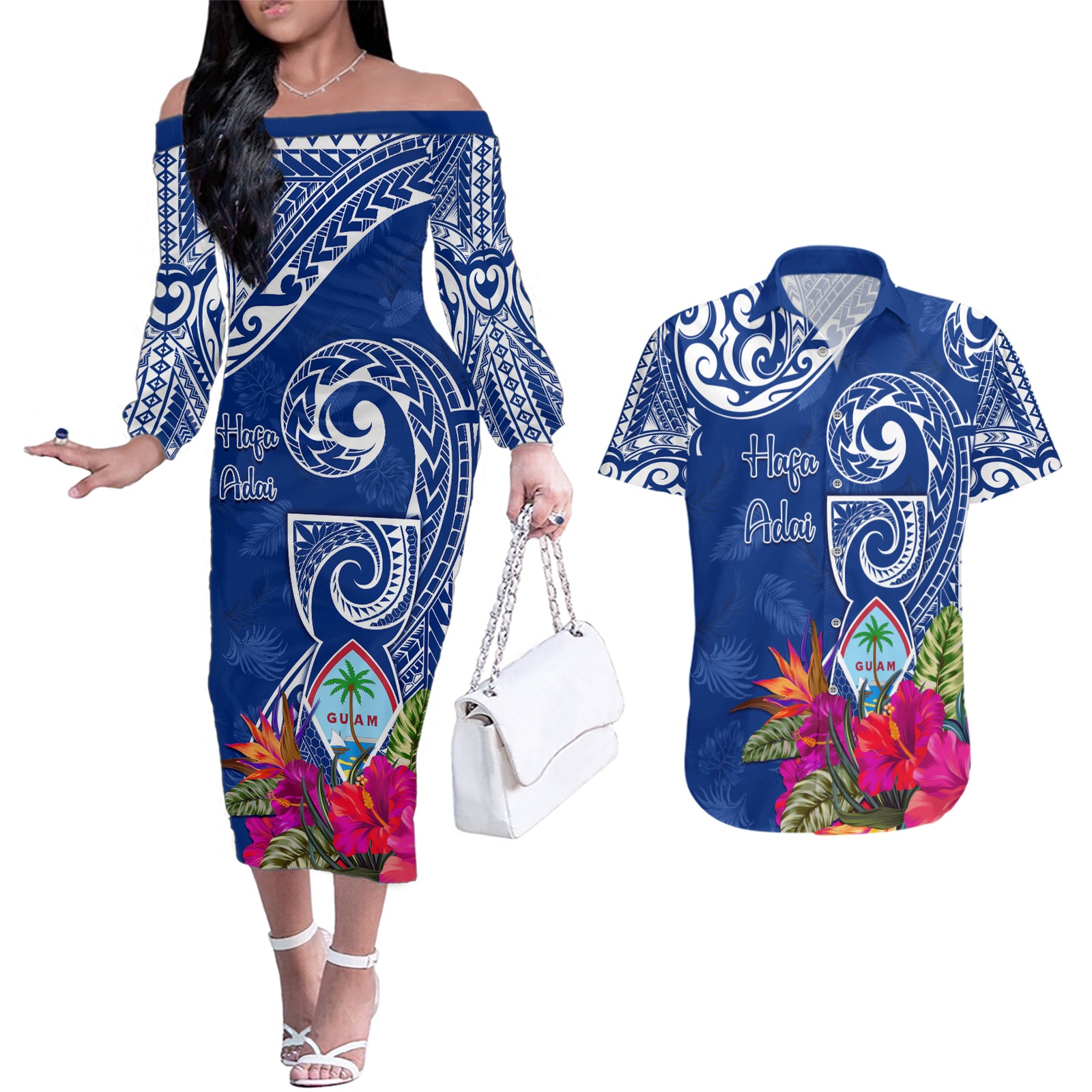 Personalised Hafa Adai Guam History and Chamorro Heritage Day Couples Matching Off The Shoulder Long Sleeve Dress and Hawaiian Shirt Blue Latte Stone LT05 Blue - Polynesian Pride