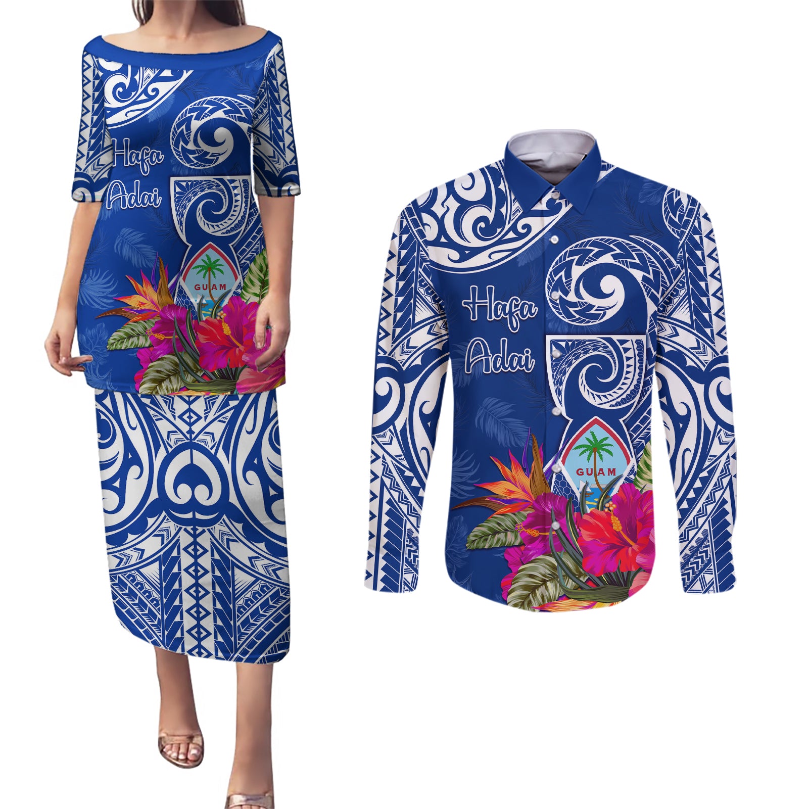 Personalised Hafa Adai Guam History and Chamorro Heritage Day Couples Matching Puletasi Dress and Long Sleeve Button Shirt Blue Latte Stone LT05 Blue - Polynesian Pride