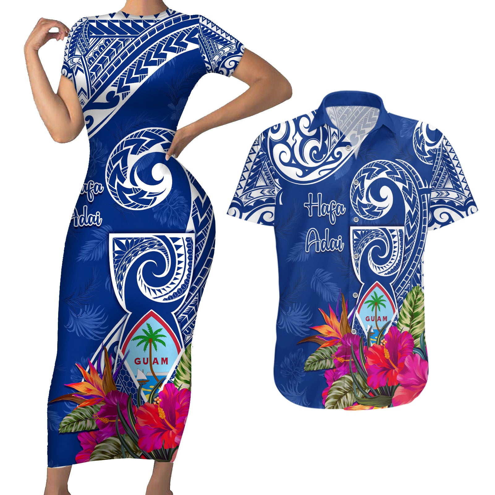 Personalised Hafa Adai Guam History and Chamorro Heritage Day Couples Matching Short Sleeve Bodycon Dress and Hawaiian Shirt Blue Latte Stone LT05 Blue - Polynesian Pride