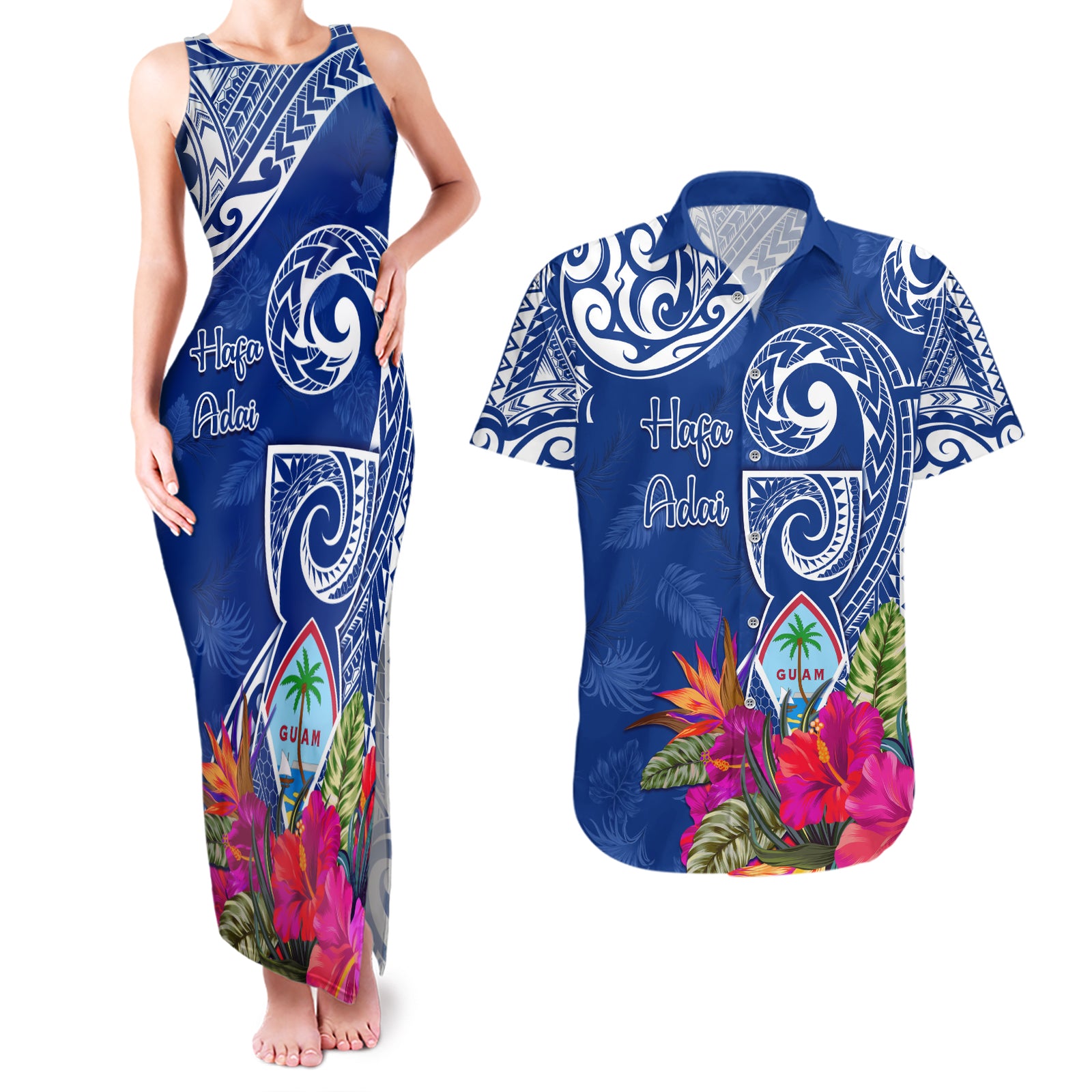 Personalised Hafa Adai Guam History and Chamorro Heritage Day Couples Matching Tank Maxi Dress and Hawaiian Shirt Blue Latte Stone LT05 Blue - Polynesian Pride