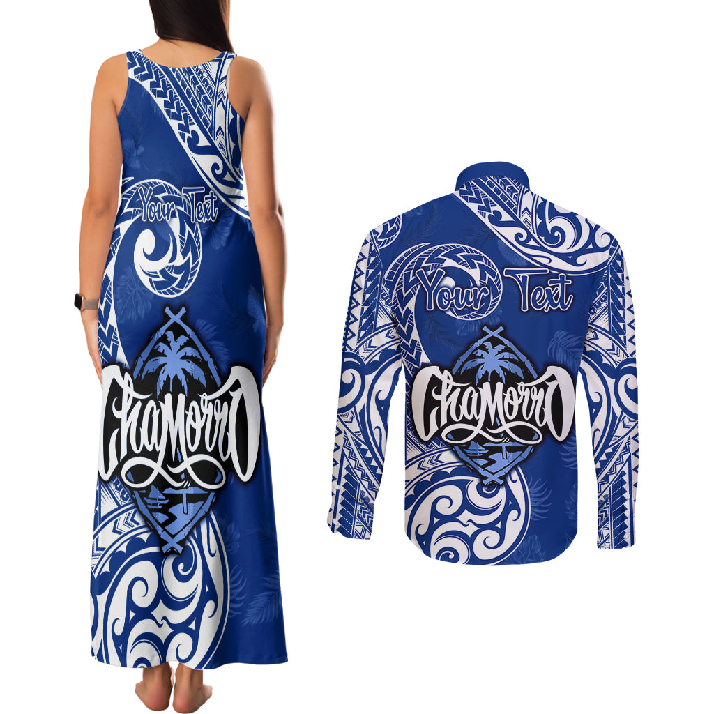 Personalised Hafa Adai Guam History and Chamorro Heritage Day Couples Matching Tank Maxi Dress and Long Sleeve Button Shirt Blue Latte Stone LT05 - Polynesian Pride
