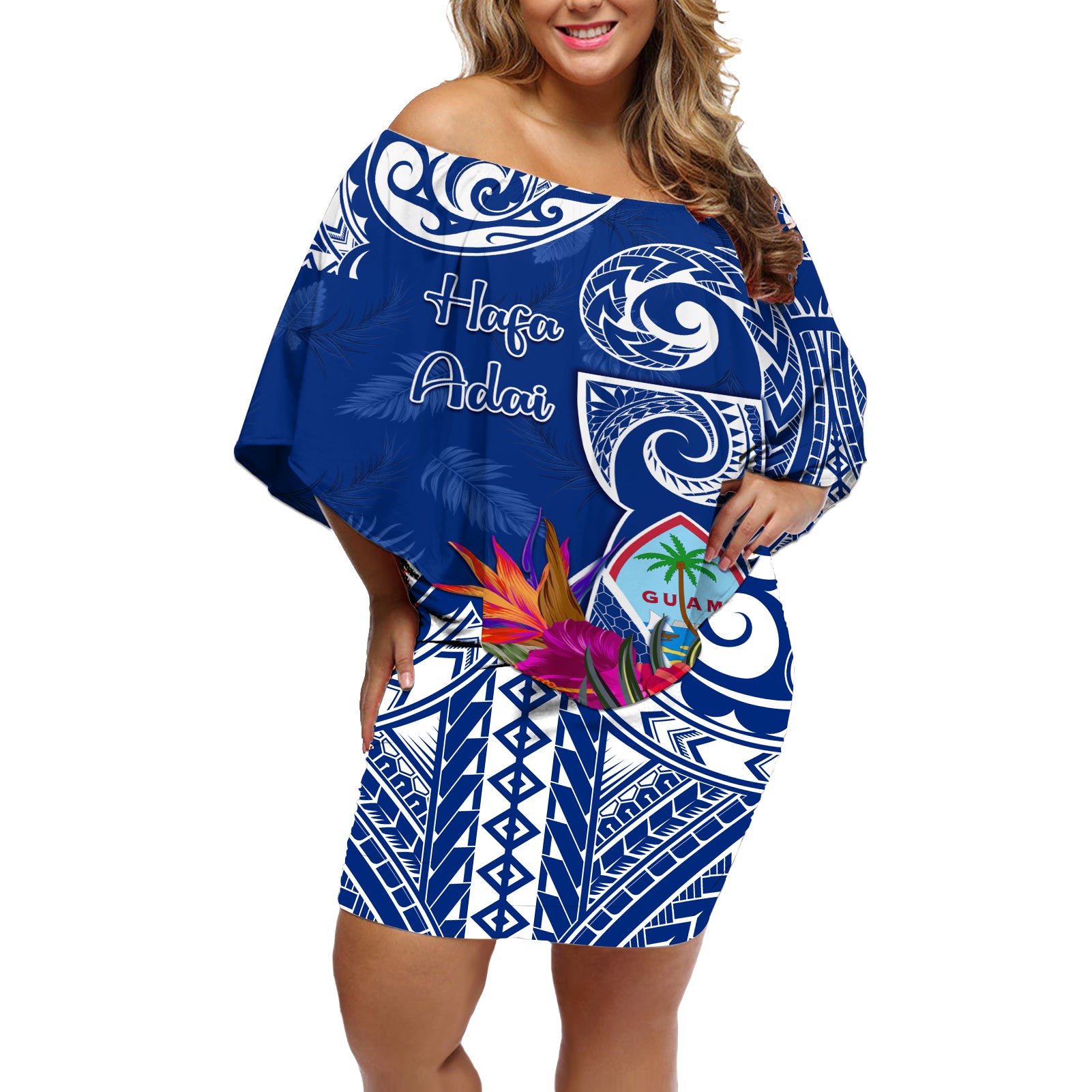 Personalised Hafa Adai Guam History and Chamorro Heritage Day Off Shoulder Short Dress Blue Latte Stone LT05 Women Blue - Polynesian Pride